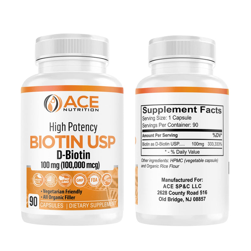 High Potency Biotin USP (D-Biotin 100,000mcg) - Superior Biotin, Organic Rice Flour, Vegetarian Capsules For Hair, Skin, & Myelin Health, Made in the USA (100mg/90 Capsules) 1