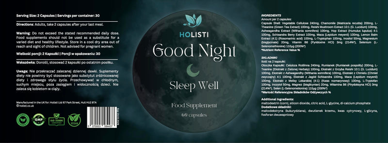 Goodnight Sleep & Stress Relief | Ashwagandha, L-Theanine & Reishi | Made in UK | Vegan Capsules | 30 Day Supply | Melatonin Free | Stress & Sleep Support