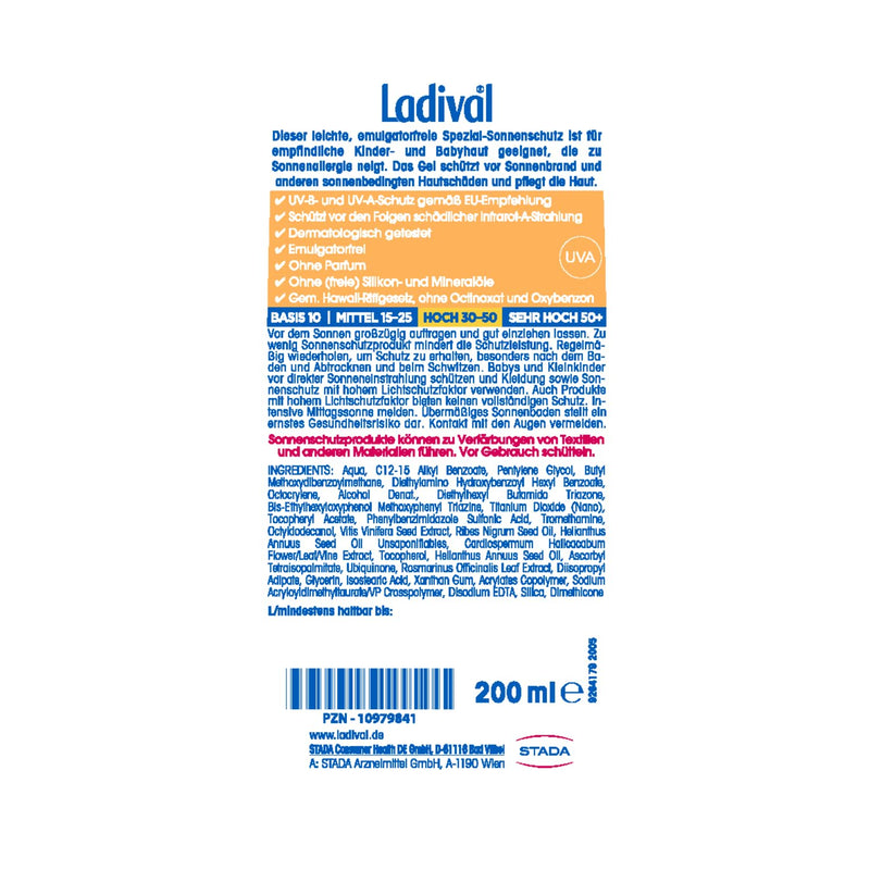 [Australia] - Ladival children's sun protection gel for allergic skin SPF 30 - suitable for sun allergies - perfume-free sun cream, without dyes and preservatives - waterproof - 1 x 200 ml 