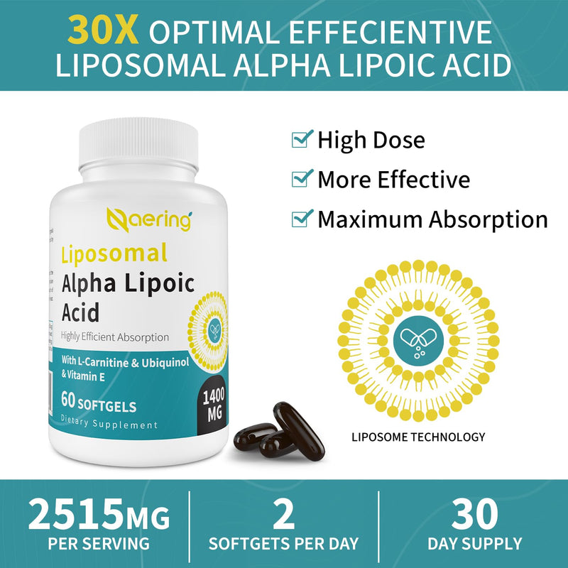 Liposomal Alpha Lipoic Acid 1400mg Softgels, ALA Supplement with L-Carnitine 1000mg, Ubiquinol (Active CoQ10) 100mg and Vitamin E 10mg,Alpha-Lipoic Acid for Antioxidants, Energy 60 Softgels 60 Count (Pack of 1)