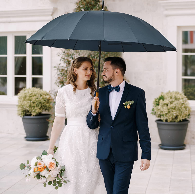 G4Free 54 Inch Large Windproof Umbrella Auto Open Classic Wooden J Handle 54 Inch Large Double Layer Inverted Umbrella with Reflective Strip