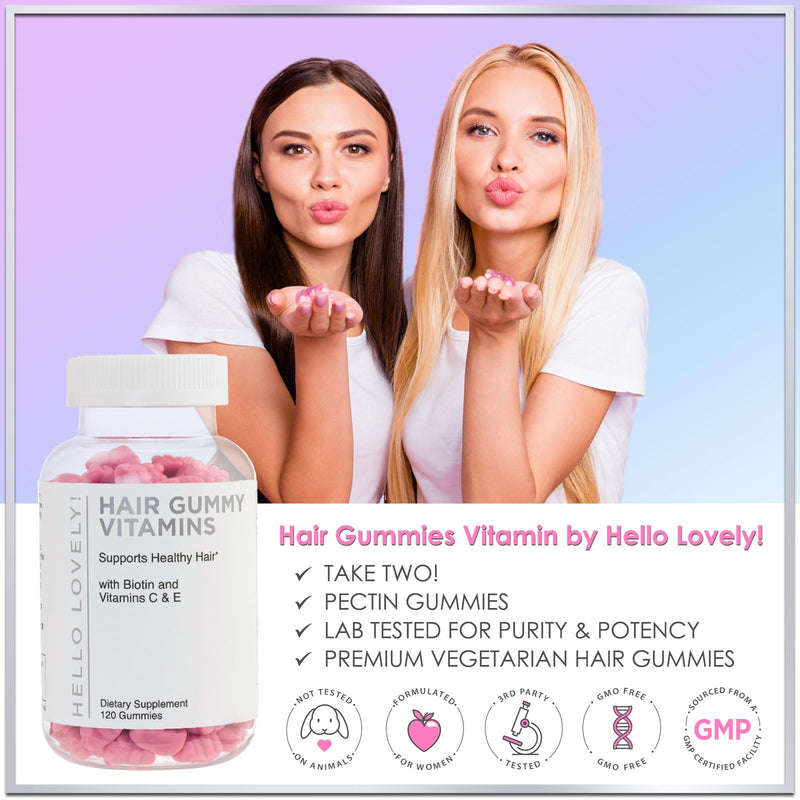[Australia] - Hello Lovely! Hair Vitamins Gummies with Biotin 5000 mcg Vitamin E & C Support Hair Growth, Premium Vegetarian Non-GMO, for Stronger Beautiful Hair, Skin & Nails Supplement - 120 Gummy Bears 120 Count (Pack of 1) 