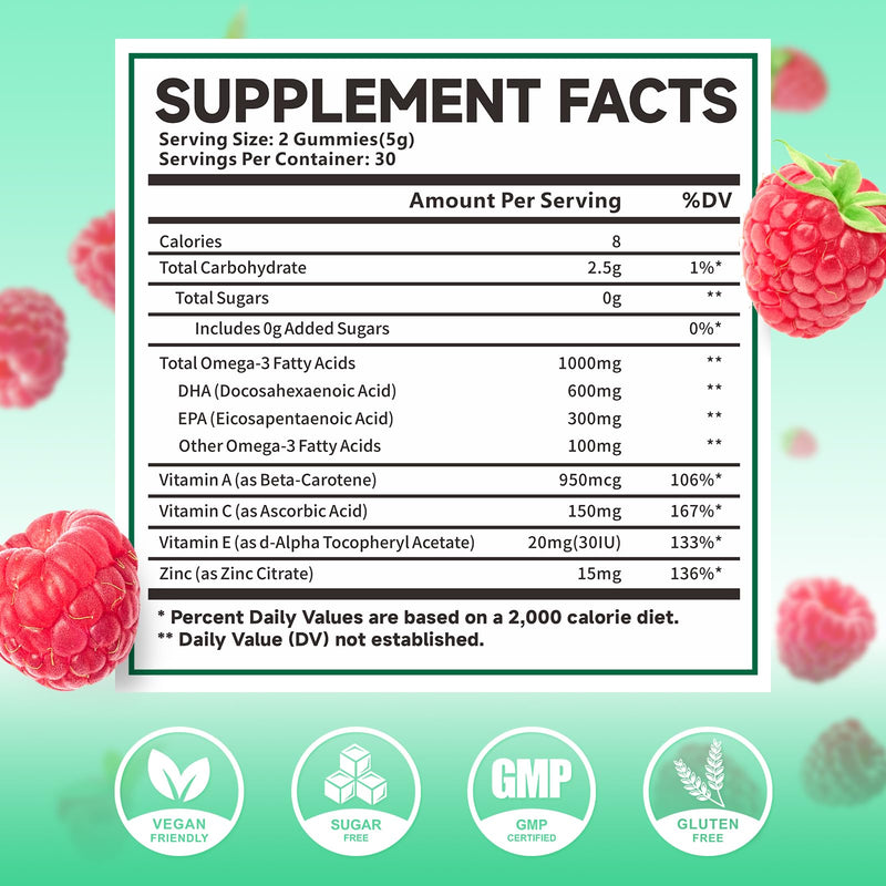 2 Pack Omega-3 Gummies 1000mg, Omega 3 Fish Oil Alternative for Adults, Algae-Based DHA 600mg & EPA 300mg + Vitamins A, C, E, Zinc, Supports Overall Wellness, Raspberry Flavor, 120 Count 60 Count (Pack of 2)