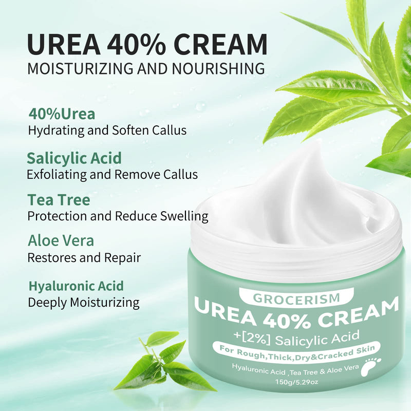 [Australia] - Grocerism 2 Packs Urea Cream 40% Plus 2% Salicylic Acid 5.30 oz || Foot Cream Maximum Strength with Hyaluronic Acid, Tea Tree, and Aloe Vera for Deep Moisturizes, Callus Remover and Soften 10.58 Ounce (Pack of 2) 40% 