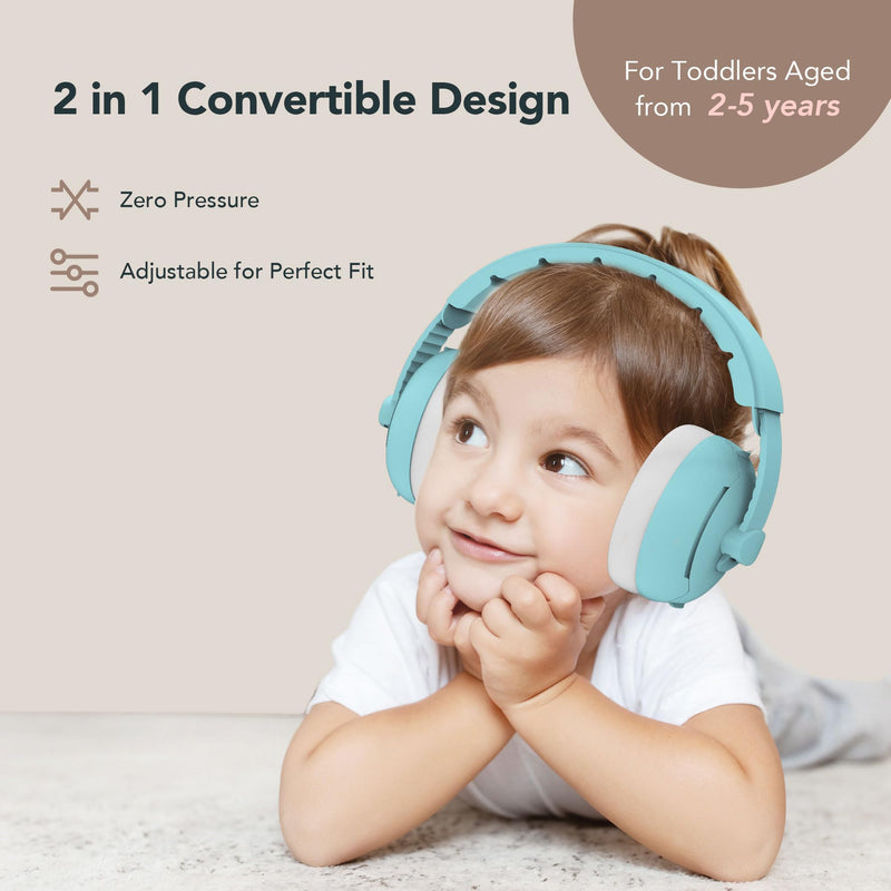 [Australia] - Moonybaby 2-in-1 Baby Ear Protection, Comfortable Headphones, Noise Cancelling, Adjustable Baby Headphones with Stretchy Band Blue 