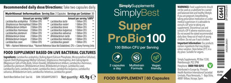 Super Pro Bio 100 | 100 Billion CFU per Serving | 16-Strain Live Bio Culture Complex | Helps Maintain a Balanced Gut Microbiome | Vegan Friendly | 60 Capsules = 1 Month Supply | Made in the UK