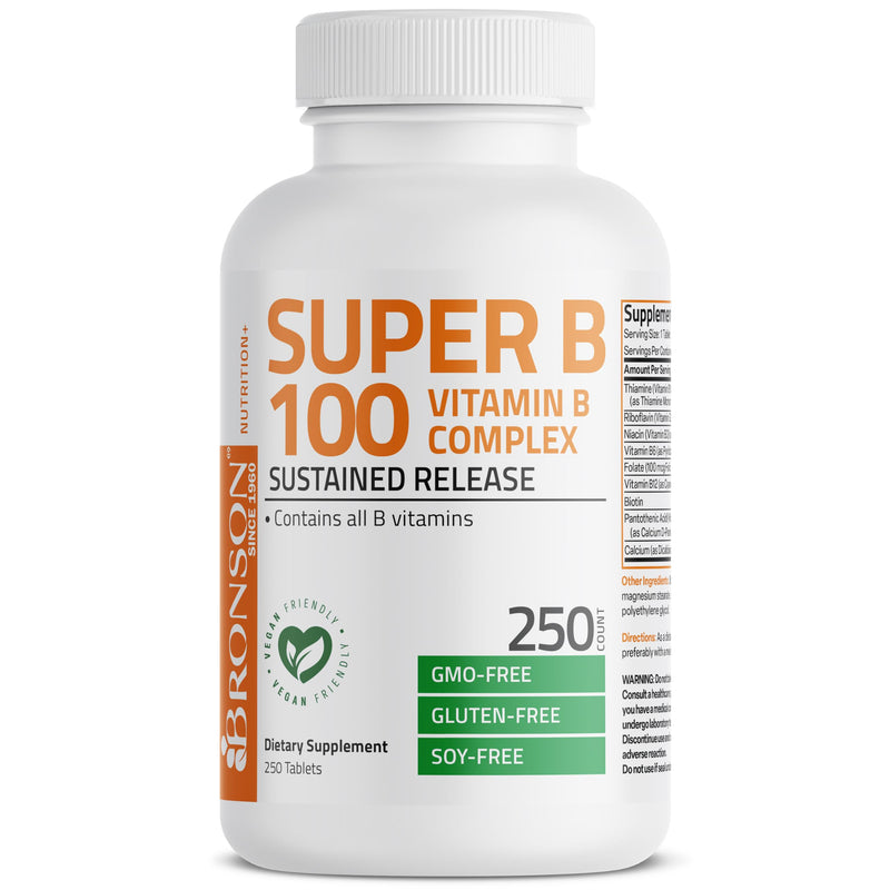 Bronson Super B100 Vitamin B Complex Sustained Release, 250 Tablets | B1, B2, B3, B6, Folic Acid, B12, Biotin & Pantothenic Acid, Energy & Nerve Support, Non-GMO, Gluten-Free & Soy-Free Unflavored 250 Count (Pack of 1)