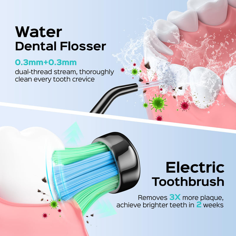 [Australia] - COSLUS Portable Water Flosser with Electric Toothbrush Combo: 2-in-1 Oral Clean Kit for Teeth, Braces, Gums Care - Brushing & Flossing for Adults, Family, Travel Use, BPA-Free, Black, C20 & C41 