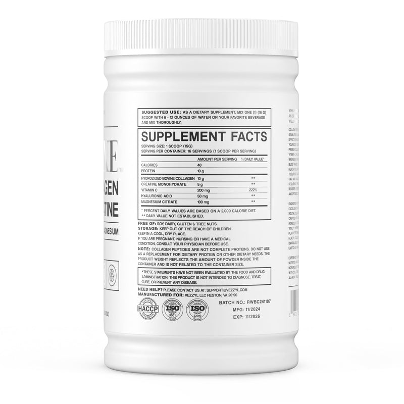 Collatine - Premium Collagen Peptides + Creatine with Vitamin C, Hyaluronic Acid and Magnesium for Skin, Hair, Nails, Bone & Joint, Muscle, Immune and Cognitive Aid (.55 LB (250 G/8.8 OZ) 8.8 Ounce (Pack of 1)