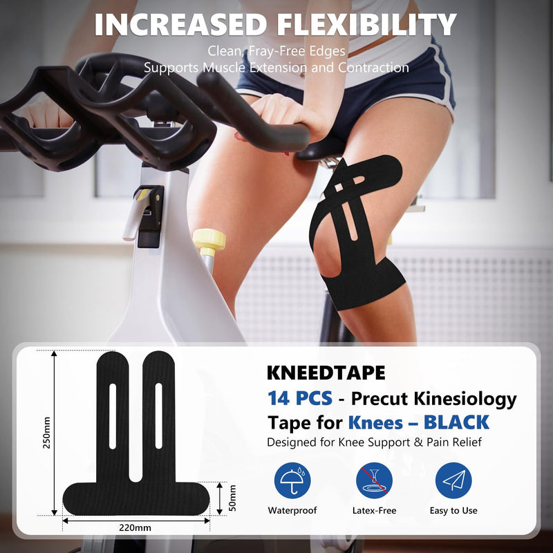 [Australia] - Precut Kinesiology Tape for Knees 12 Pcs, Knee Tape for Knee Pain Relief Pre Cut - Brace & Elastic Supports - Waterproof & Breathable Hypoallergenic Latex - Athletic Tape Black 