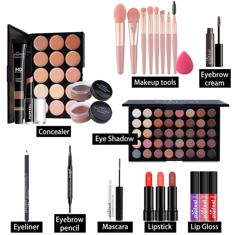 [Australia] - Makeup Kit For Women Full Kit, Naked Shimmer Eyeshadow Palette, Waterproof Black Eyeliner & Mascara, Makeup Tools Set, Lipstick, Premium Synthetic Foundation Powder for Medium to Dark Skin #pop004 