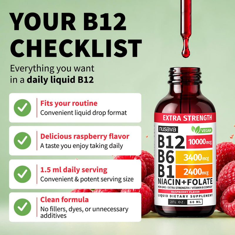 NUSAVA Extra Strength B12 Liquid Drops 10000mcg, Raspberry, Pack of 2 | Energy, Brain and Heart Support, Extra Strength Methylcobalamin B12 with B6, Non-GMO, Sublingual Drops for Women and Men