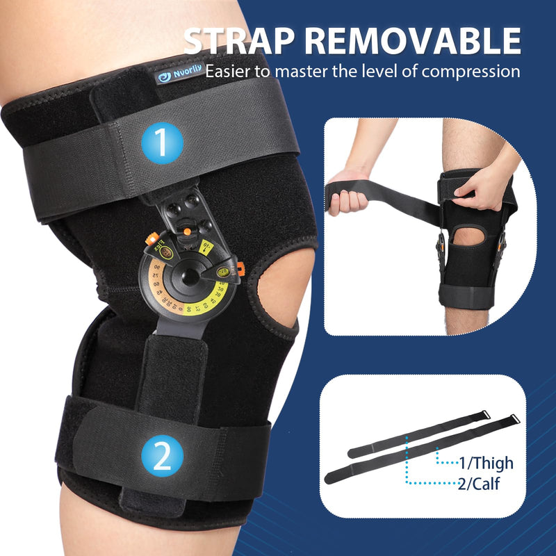 [Australia] - Nvorliy Hinged ROM Knee Brace with Side Stabilizers & Locking Dials, Post Op Knee Immobilizer for Arthritis, ACL, MCL, PCL, Meniscus Tear, Injurie/Knee Pain, Medical Orthopedic Support (X-Large) X-Large Without Shoulder Strap 
