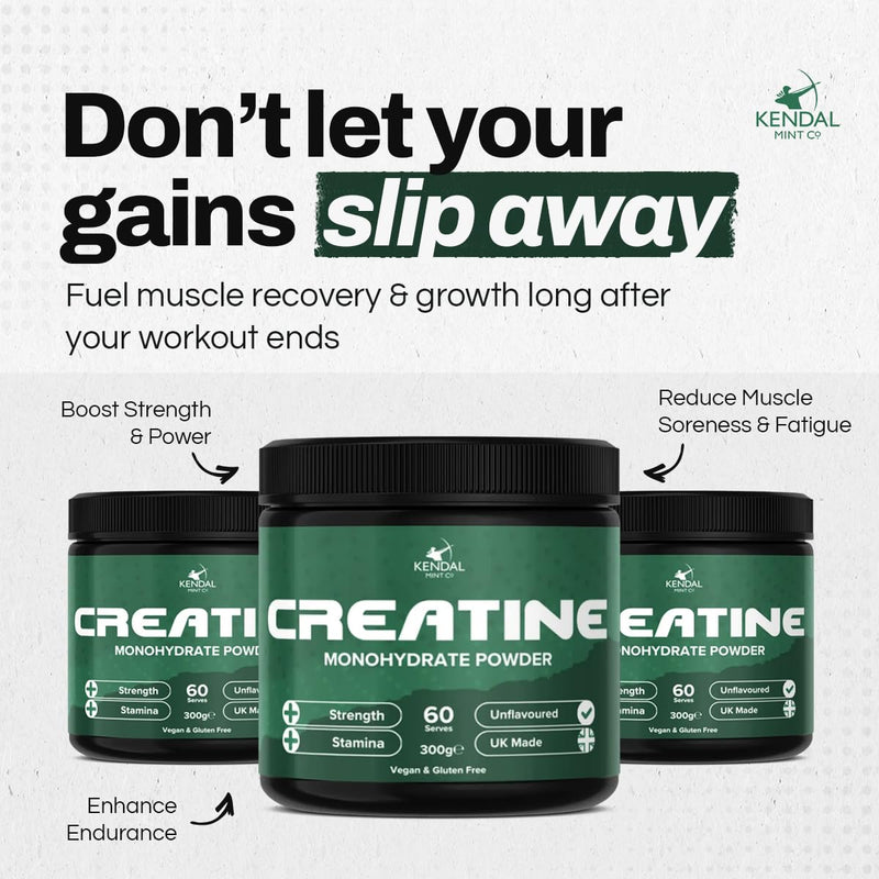 KMC Creatine Monohydrate Powder, 100% Pure UK Made, 300g, 60 Servings, 5g serving, Unflavoured, Easy Mix, Vegan Gluten Free -Supplement for performance, strength workouts & cognition by Kendal Mint Co