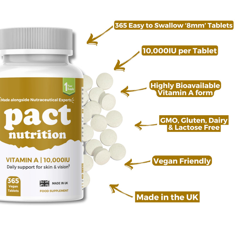 Vitamin A 10,000 IU – 365 Easy to Swallow Tablets (1 Year Supply) - High Strength Vitamin A Supplement for Normal Skin, Vision, Eyes & Immune System – Vegan