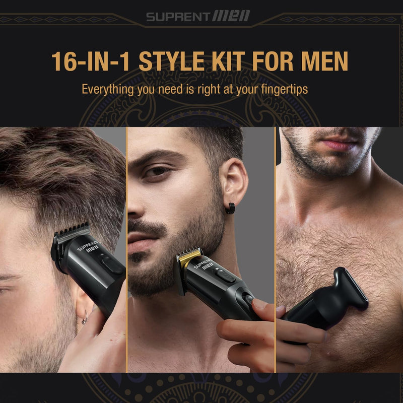 [Australia] - SUPRENT Beard Trimmer for Men - 16 Pieces Mens Grooming Kit with Electric Beard Trimmer, Adjustable Hair Trimmer, Hair Clippers, Razors for Beard, Hair, Body, Groin, Nose & Ear, Waterproof IPX7 