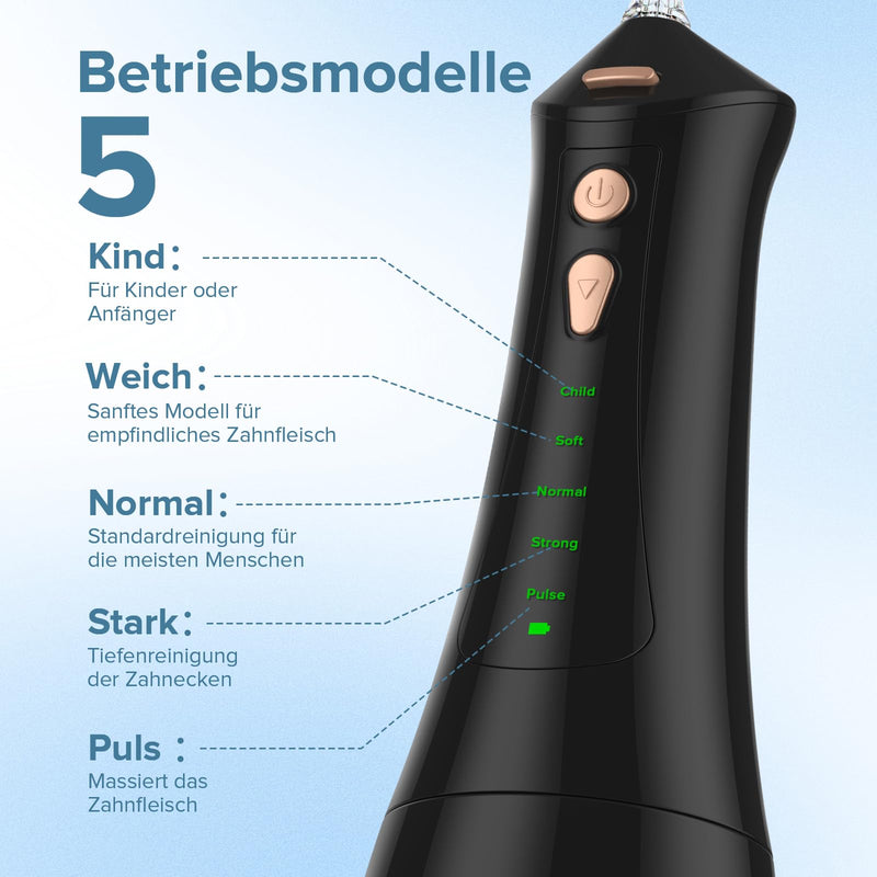 [Australia] - Orisary Oral Irrigator Wireless Electric Tooth Cleaner, 5 Modes & 5 Nozzles, 300ML Water Tank Rechargeable Dental Irrigator Double Water Teeth Flosser IPX7 Waterproof for Cleaning When Traveling Black 
