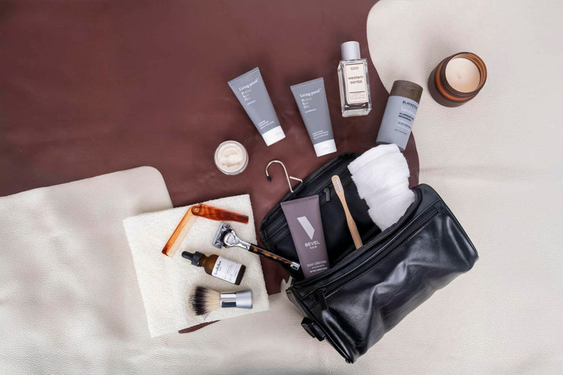 Mad Man Men's Travel Dopp Kit Black Faux Leather Toiletry Bag with Multiple Pockets - Water-Resistant Shaving & Grooming Organizer - (10" x 5.5" x 6")
