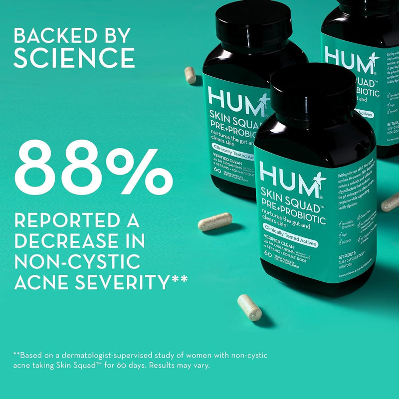 [Australia] - HUM Skin Squad - Probiotic Supplement for Clear Skin & Gut Health - Microbiome Probiotics for Problem Skin & Breakouts (60 Vegan Capsules, 30 Day Supply) 