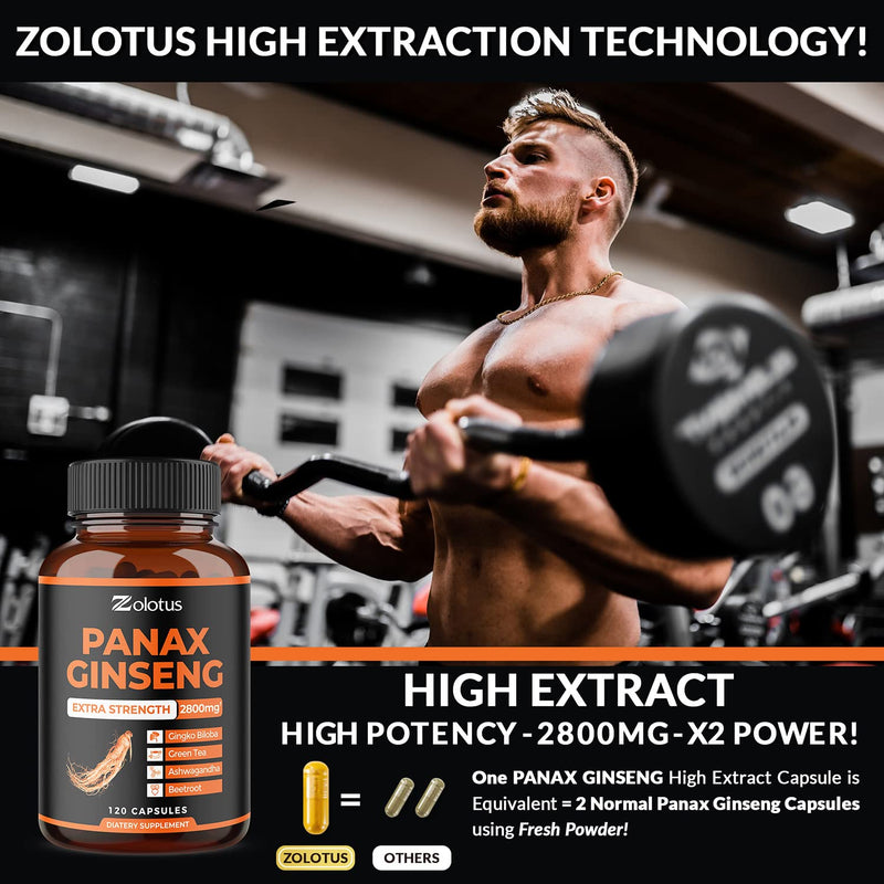 [Australia] - Zolotus Korean Red Panax Ginseng + Ginkgo Biloba - 2800mg Extra Strength with Ashwagandha, Beetroot, Green Tea - Support Strength, Stamina, Energy Production & Mood Balance - 120 Capsules 120 Count (Pack of 1) 