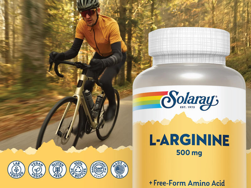 Solaray L‑Arginine 500mg – 100 Vegan Capsules – Pure Free‑Form Amino Acid – Gluten Free – Lab Verified