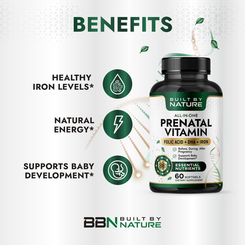 Built by Nature Prenatal Vitamins for Women, 60 Softgels | DHA, Iron, Folic Acid, Prenatal Multivitamin