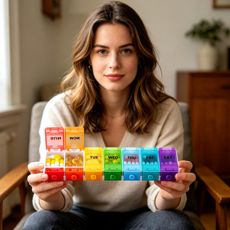 Rainbow 7 Day Pill Organizer Push Button for Vitamin Supplements Box | Weekly Pill Case,Container for Fish Oil Medicine,Travel Pill Holder,Easy for Arthritic Hand,BPA-Free Rainbow