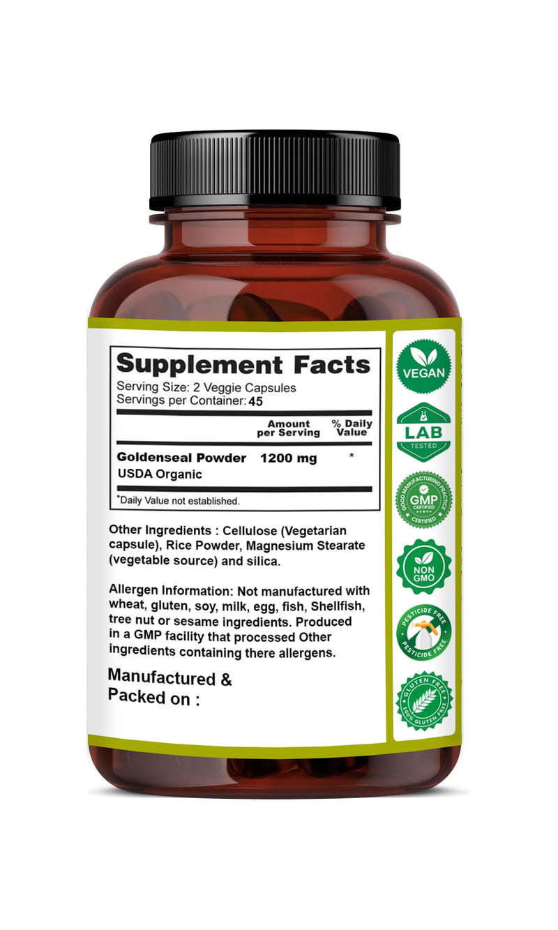 Naturfi Organic Goldenseal Root Capsules, 90 Capsules, USDA Organic, Lab Tested, Pure Natural Goldenseal Root Powder Supplement 90 Capsules (Pack of 1)