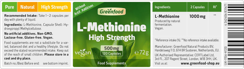 L-methionine, 500 mg, Highly dosed, 120 Capsules, Vegan - Important and Essential Amino Acid. Building Material for proteins. Without Artificial additives, Without GMO.