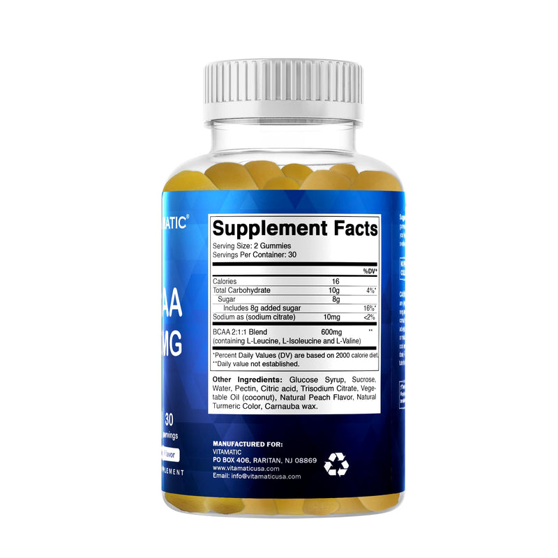 Vitamatic BCAA Gummies - Branch Chain Amino Acid Supplements - Peach Flavor - 600mg per Serving - 60 Vegan Pectin Based Gummies