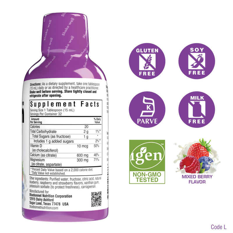 [Australia] - Bluebonnet Nutrition Liquid Calcium Citrate, Magnesium, Vitamin D3, Bone Health, Gluten Free, Soy Free, Milk Free, Kosher, 16 fl oz, 32 Servings, Mixed Berry Flavor 16 Fl Oz (Pack of 1) 