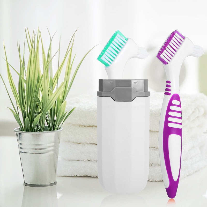 [Australia] - 2pcs Denture Brush, Denture Cleaning Brush Set with White Carrying Case Denture Toothbrushes with Multi-Layered Soft Bristles and Rubber Anti-Slip Handle (Purple + Green) 