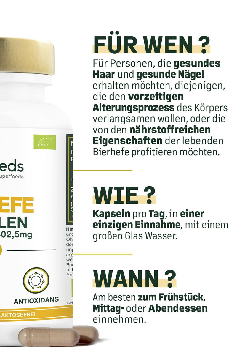 [Australia] - ORGANIC brewer's yeast | Hair and nails | Live yeast, 1200mg / day, gluten free | Enriched with Selenium | 90 vegan capsules | Top quality 