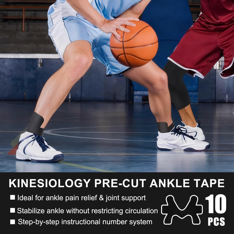10 Pcs Precut Kinesiology Ankle Tape, Breathable Elastic Athletic Tape, Ankle Pain Relief, Sprain Prevention, Ligament Support - Black