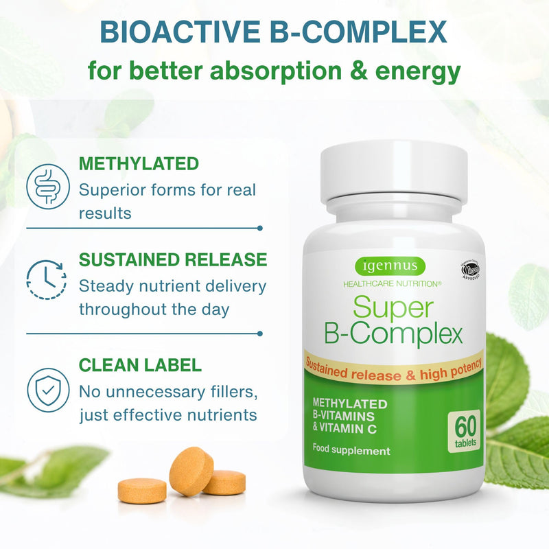 Igennus Super B-Complex - High Absorption Methylated B Vitamins, Clean Label, Sustained Release - Complete Spectrum of B Vitamins with Folate, Boosted B12 & Vitamin C, 60 Tablets 60 count (Pack of 1) Tablet