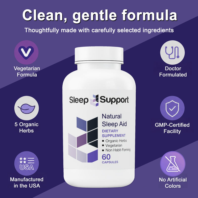 Sleep Support for Adults with 5 Organic Herbs, L-Theanine, L-Tryptophan, Glycine, Magnesium & Low Dose Melatonin, 60 Vegetarian Capsules