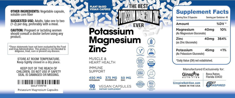 [Australia] - Magnesium Potassium Supplements w/Zinc - 90 Capsules - Magnesium Potassium Zinc for Vascular Health – High Absorption Vegan Potassium Magnesium Supplement for Leg Cramps & Sleep 90 Count (Pack of 1) 