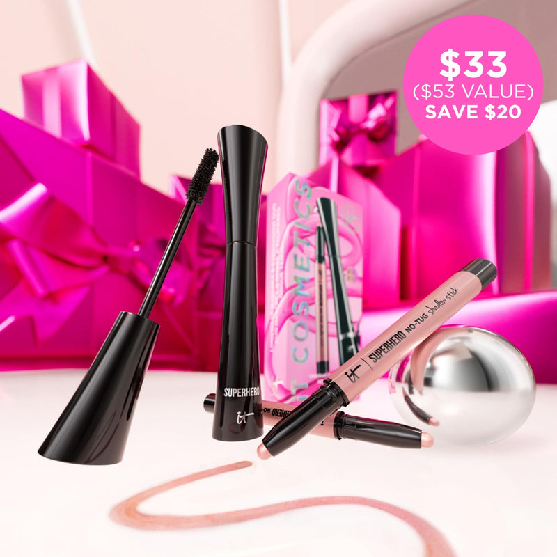 [Australia] - IT Cosmetics Unwrap Glimmering Eyes Mascara & Eyeshadow Stick Makeup Set , 2-Pc Holiday Giftset for Her - Full Size Makeup - Superhero Waterproof Cream Eye Shadow & Volumizing Lengthening Mascara 