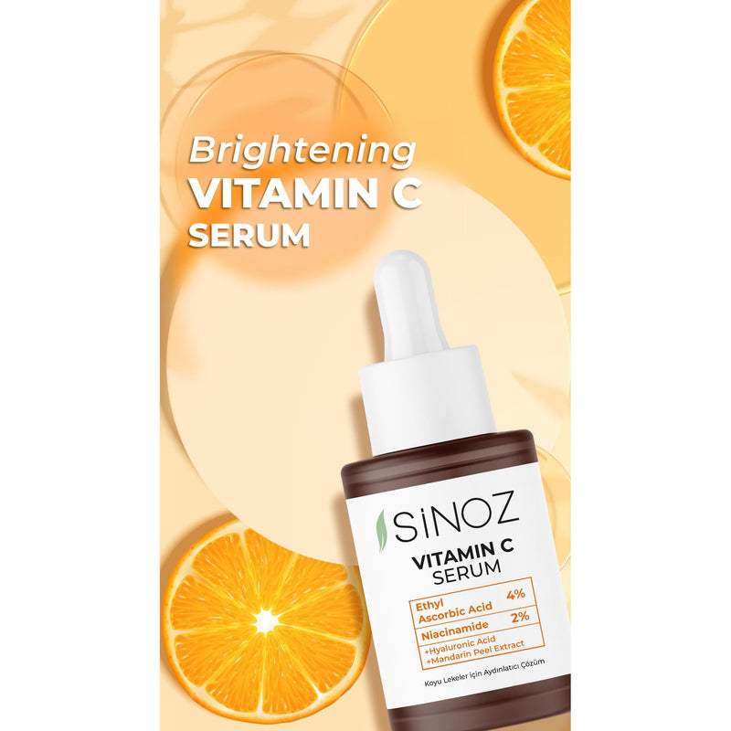 Sinoz Vitamin C Brightening Face Serum | With Hyaluronic Acid & Vitamin C%4 + Niacinamide%2 | Evens Skin Tone, Fades Dark Spots & Fine Lines | Lightweight & Fast Absorbing | 30 ml