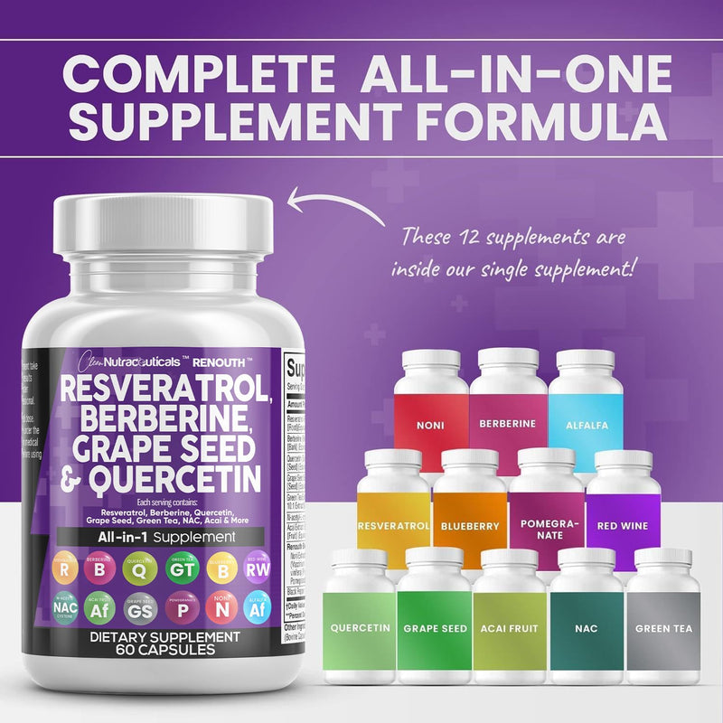 [Australia] - Resveratrol 6000mg Berberine 3000mg Grape Seed Extract 3000mg Quercetin 4000mg Green Tea Extract - Polyphenol Supplement for Women and Men with N-Acetyl Cysteine, Acai Extract - 60 Capsules 
