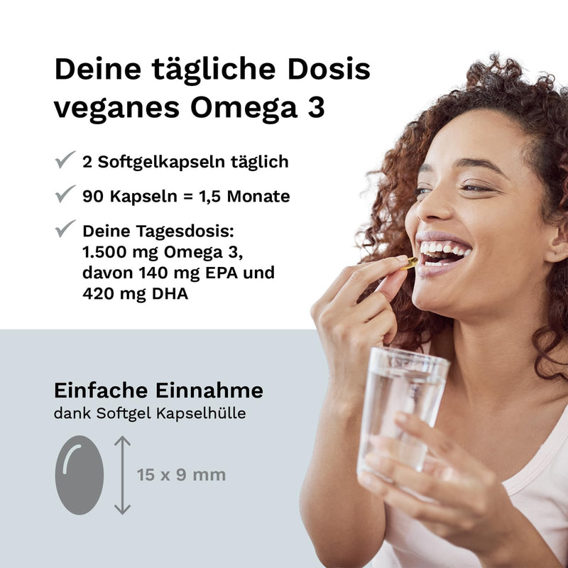 [Australia] - Vegan Omega 3 high dose - 1500 mg per daily dose with 450 DHA & 225 EPA from algae oil - 90 capsules 1 month - Omega 3 algae oil capsules with branded raw material life'sOMEGA® - Fish-free - Balanced Vitality 