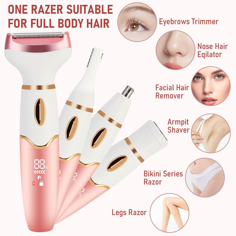 [Australia] - Women Electric Razors Shavers, Lady Bikini Trimmer 4 in 1 Electric Shaver Razor for Women Waterproof Wet/Dry Face Razors for Nose Eyebrow Arms Underarm Legs Pubic Area Painless Facial Hair Removal 