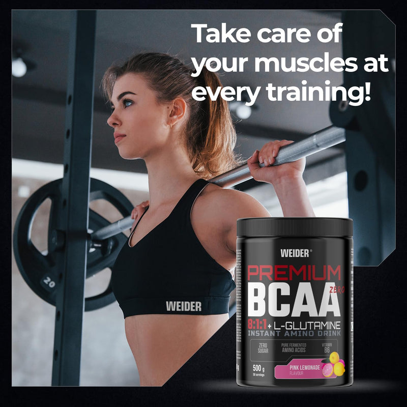 Premium BCAA 8:1:1+L-Glutamine (500g) Pink Lemonade Flavour, Recovery Combination of Amino Acids with Kyowa Quality® L-Glutamine, Vitamin B6, Increases and Protects Muscle Mass, Zero Sugar, Vegan 500g
