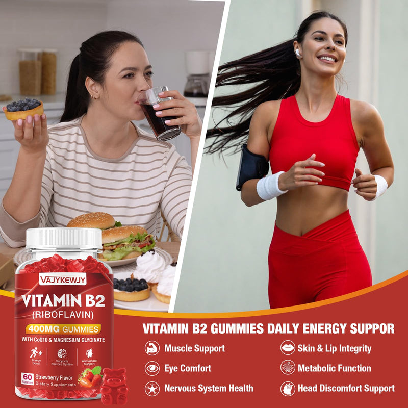 Vitamin B2 Riboflavin 400mg Gummies for Energy & Metabolism Support - Delicious Strawberries Flavor Vegan Gummies - Non-GMO, Gluten Free - 60 Count