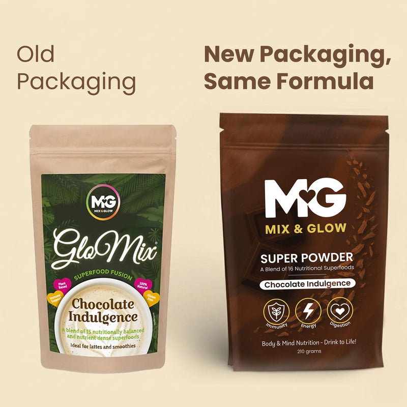 Mix & Glow Super Powder | 16 Advanced Superfoods, Prebiotic Herbs, Greens and Adaptogens Including Turmeric, MCT Oil & Cacao | Vegan & Gluten Free | 30 Servings | Chocolate Indulgence