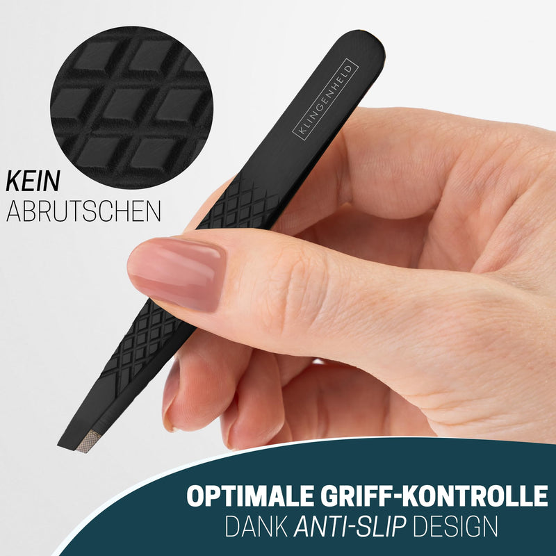 [Australia] - KLINGENHELD® professional tweezers set with ComfortGrip tips & anti-slip handle - maximum hold & highest precision - including cotton case 100% plastic-free & sustainable - tweezers for plucking eyebrows black 