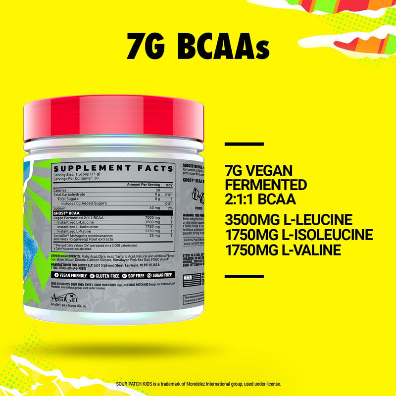 [Australia] - GHOST BCAA Powder Amino Acids Supplement, Sour Patch Kids Blue Raspberry - 30 Servings - Sugar-Free Intra, Post & Pre Workout Amino Powder & Recovery Drink, 7G BCAA 