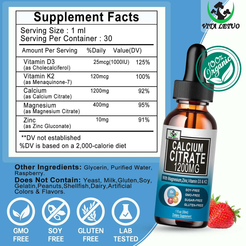 [Australia] - Calcium Citrate Supplement,1200mg Calcium with Vitamin D3 Drops for Bone,Teeth,Colon,Cardiovascular Health,High Absorption Liquid Calcium Magnesium Citrate 400mg Plus Zinc Vitamin K2,Vegan,30 Servings 
