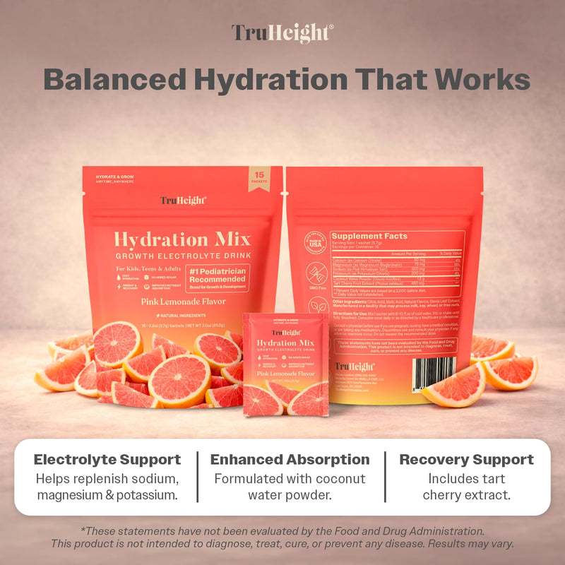 TruHeight Hydration Packets (Pink Lemonade) Kids, Teens & Adults Fast Hydration, Energy & Recovery - Dehydration Relief Electrolytes Powder Packets for Athletes - Sugar Free, Zero Calorie, Non-GMO