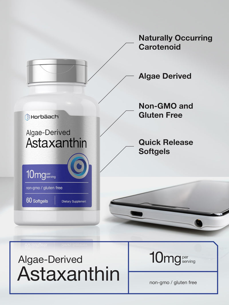 Horbäach Astaxanthin 10mg | 60 Softgels | Algae Derived Formula | Non-GMO, Gluten Free Supplement